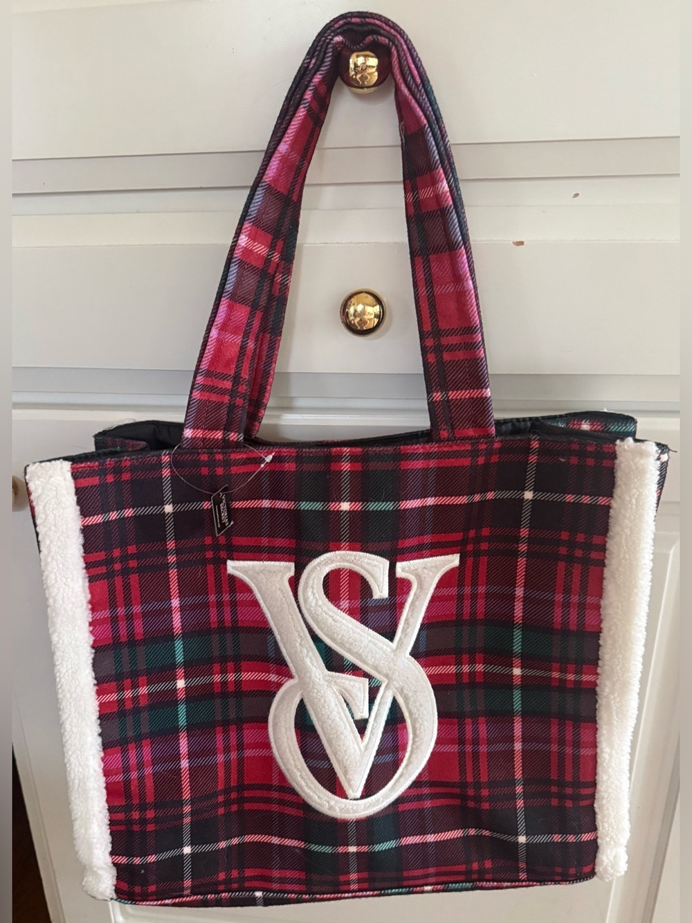 VICTORIAS SECRET Red Plaid Tote with Sherpa Trim
